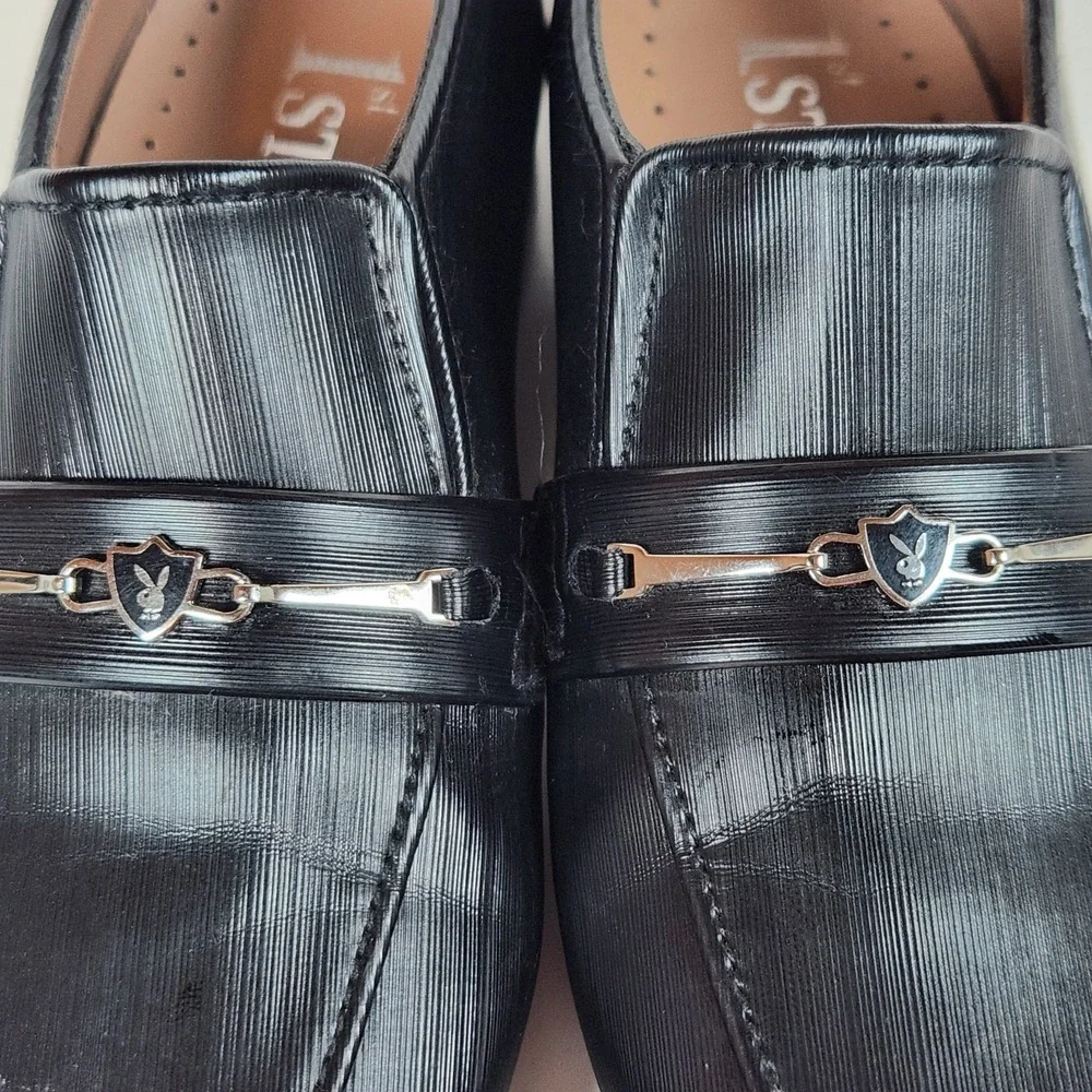 1ST STEP Playboy Handmade Oxford Slip-On Loafer Shoes Boys 10 Black‎ Silver Logo